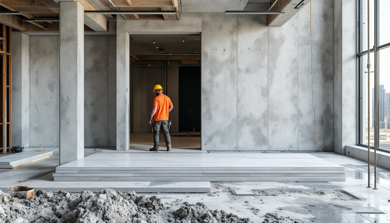 a photograph of a construction site where workers are using High-Density Overlay (HDO) formwork plywood to create smooth, high-quality concrete finishes, showcasing the plywood in action alongside the finished concrete surfaces