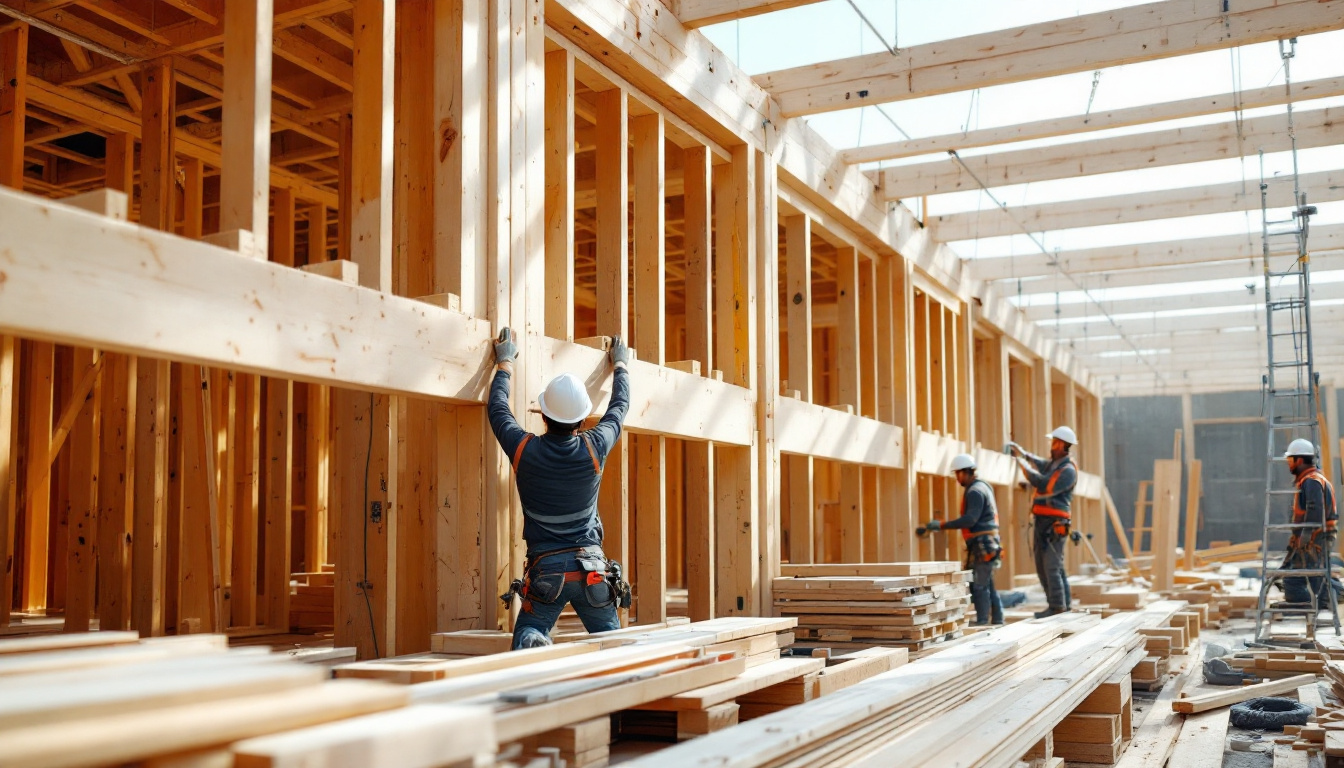 photograph of a construction site where workers are meticulously installing LVL timber formwork, highlighting the precision of their techniques and the structural integrity of the materials being used
