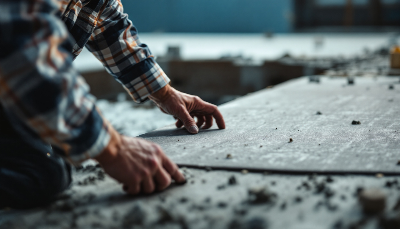 photograph of a construction worker carefully inspecting a sheet of Formply before it is positioned for concrete
