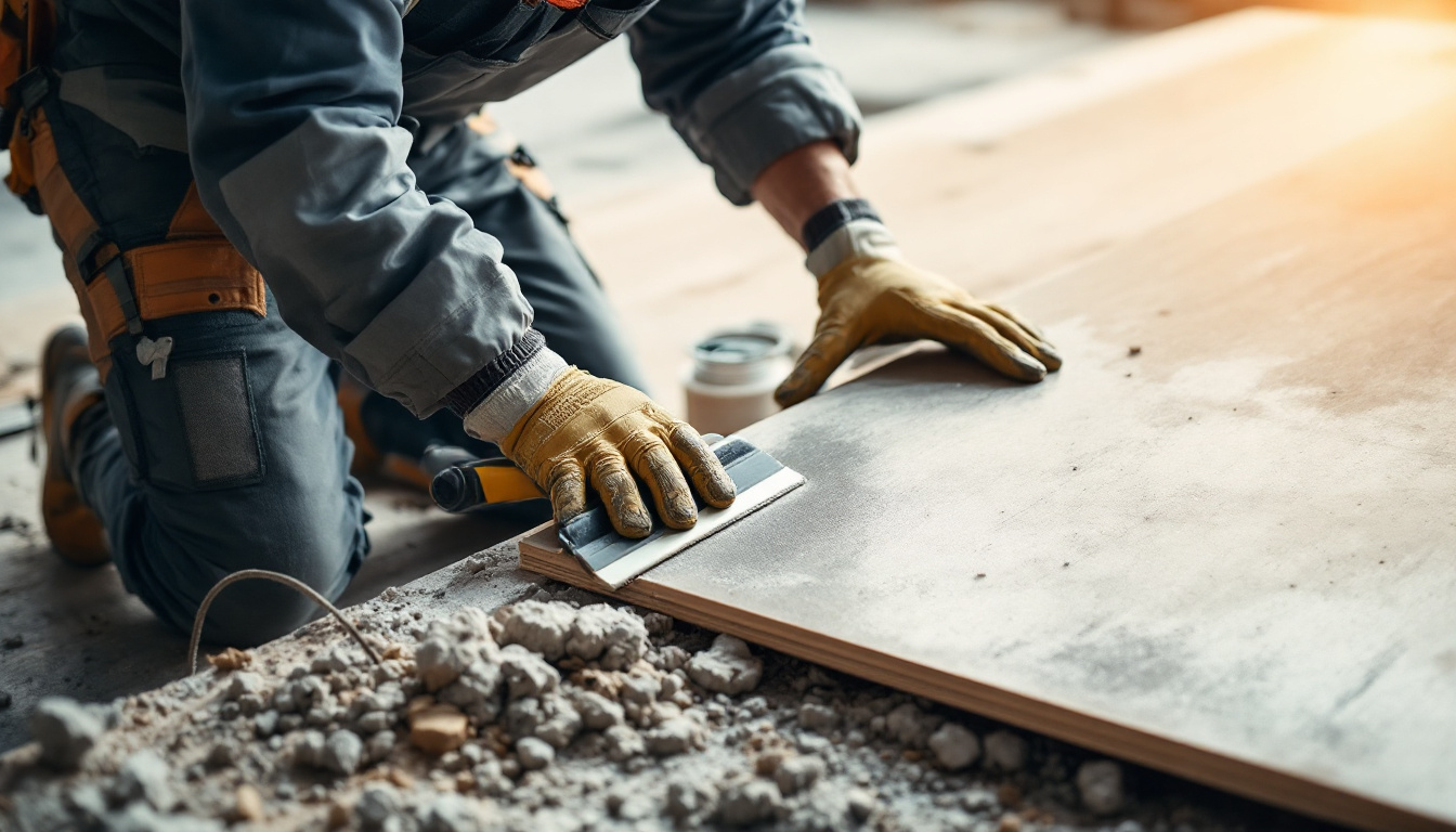 photograph of a construction worker applying a protective sealant to a sheet of concrete plywood