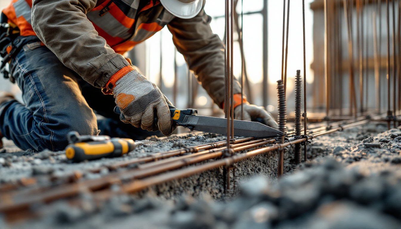 photograph of a construction worker expertly installing rebar in a concrete foundation